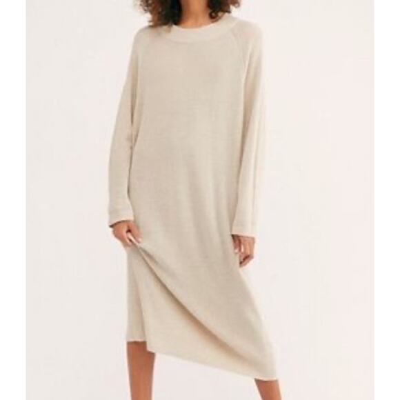 Free People FP Beach S Sweater Midi Dress Beige Knit Long Sleeve - Picture 1 of 8